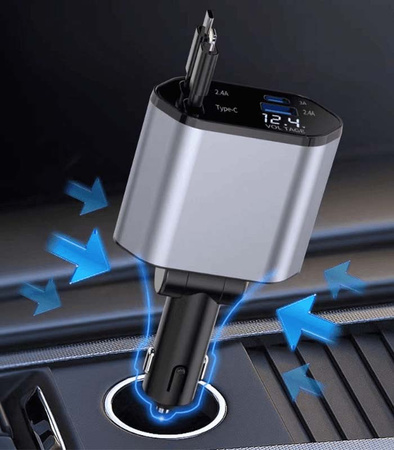 ŁADOWARKA SAMOCHODOWA 4w1 WYSUWANA CHOWANA OBROTOWA DO ZAPALNICZKI 2 X USB-C