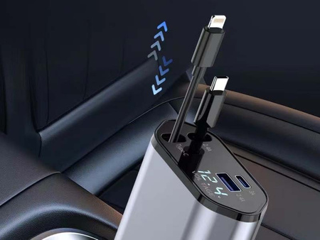ŁADOWARKA SAMOCHODOWA 4w1 WYSUWANA CHOWANA OBROTOWA DO ZAPALNICZKI 2 X USB-C