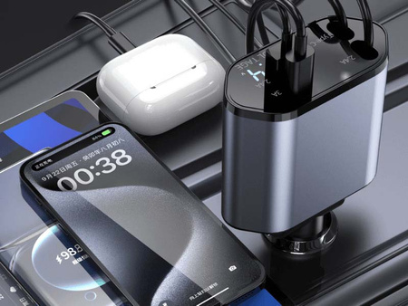 ŁADOWARKA SAMOCHODOWA 4w1 WYSUWANA CHOWANA OBROTOWA DO ZAPALNICZKI 2 X USB-C