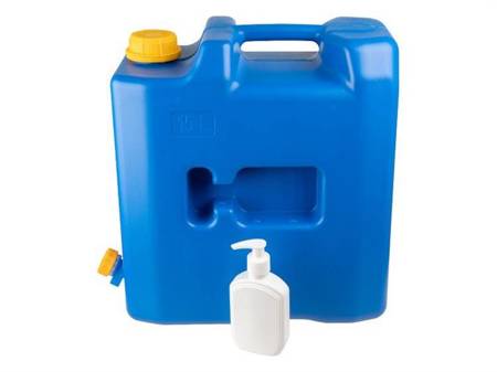 Kanister na wodę 15L z plastikowym zaworem + dozownik na mydło lub środek dezynfekujący