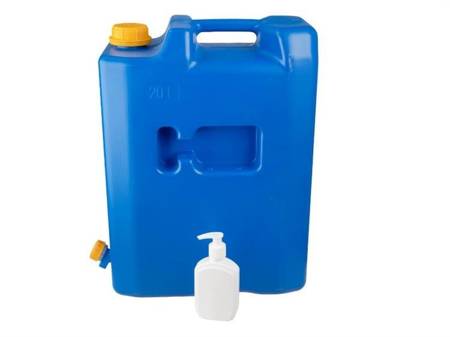 Kanister na wodę 20L z plastikowym zaworem + dozownik na mydło lub środek dezynfekujący